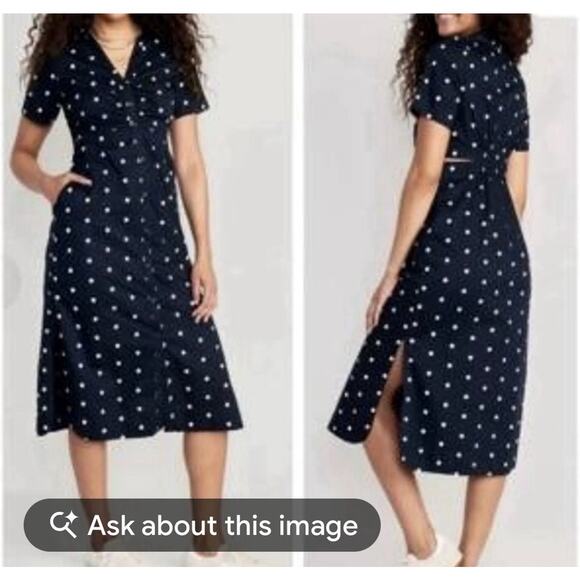 Old Navy Dresses & Skirts - Old Navy NWT Midi Cut Out Navy White Polka Dot Shirt Dress Sz LT Pockets Cotton